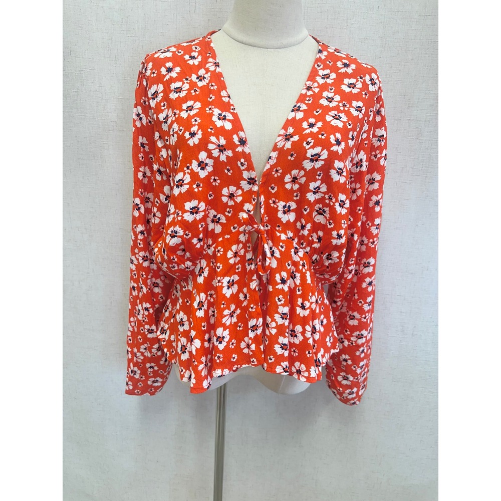 Rue Stiic Floral Red Orange Poppy Long Sleeve Tie Front Peplum Top Size XL Boho